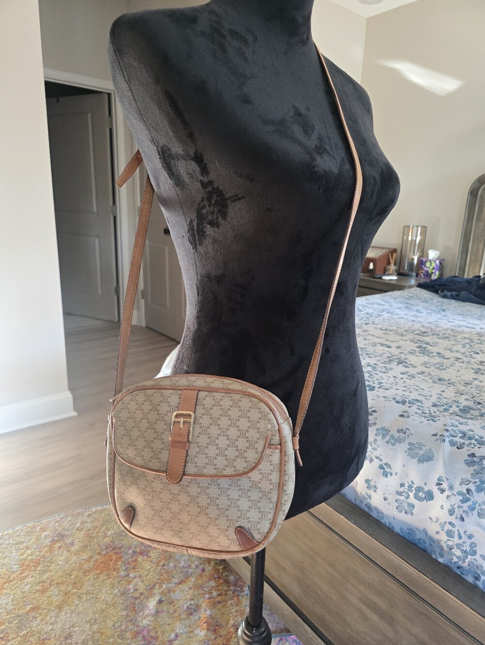 Authentic Celine Vintage Beige Crossbody Bag with Brown Trim